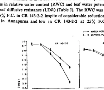 Fig. 1. Effect of soil moisture stress (50% F.C. from 21 to 35 days after sowing) onrelatioDship betwden leaf water potential and osmotic potential