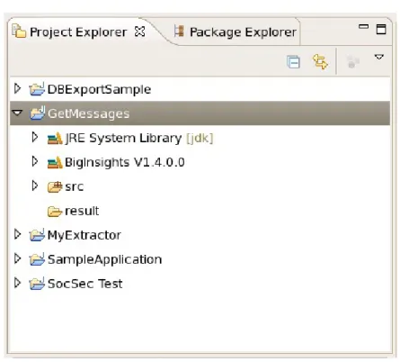 Figure 5. BigInsights Project Explorer pane with the new GetMessages project highlighted
