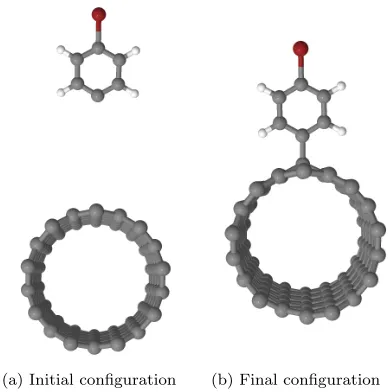 FIG. 1. Initial and ﬁnal conﬁgurations used to simulate thebromophenyl functionalization of a (9,0) carbon nanotube.The distance between the nanotube and the bromophenyl unitis set to 7 A in the initial conﬁguration to prevent any inter-˚action between the