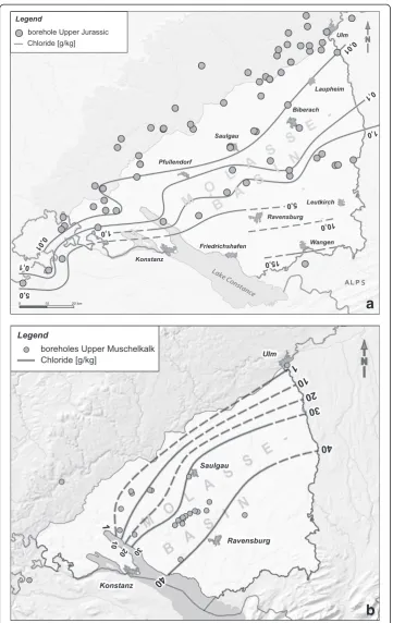 Figure 6 Chloride distribution in the Upper Jurassic (a) and Upper Muschelkalk (b) aquifers of theSW German Molasse basin