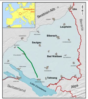 Figure 1 Location of the investigation area in the SW German Molasse basin. The image shows thelocation of the cross section (Figure 2).