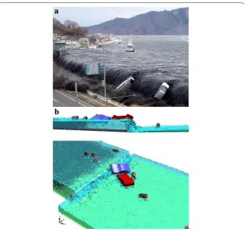 Fig. 11 Dragging of cars and large and small objects and particles passing over a vertical wall in theFukushima tsunami (Japan)
