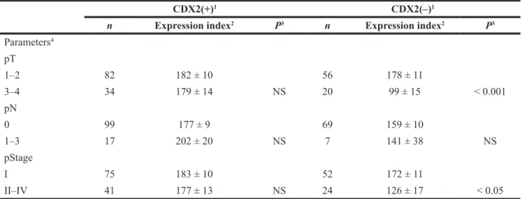 Table 4: Relationship between CLDN4 expression and clinicopathological parameters in CDX2- CDX2-positive and -negative gastric cancer