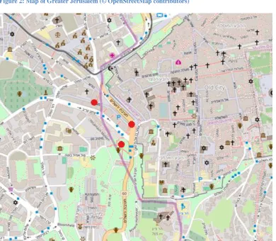 Figure 3: Map of Jerusalem City Centre with Selected Spaces (© OpenStreetMap contributors) 