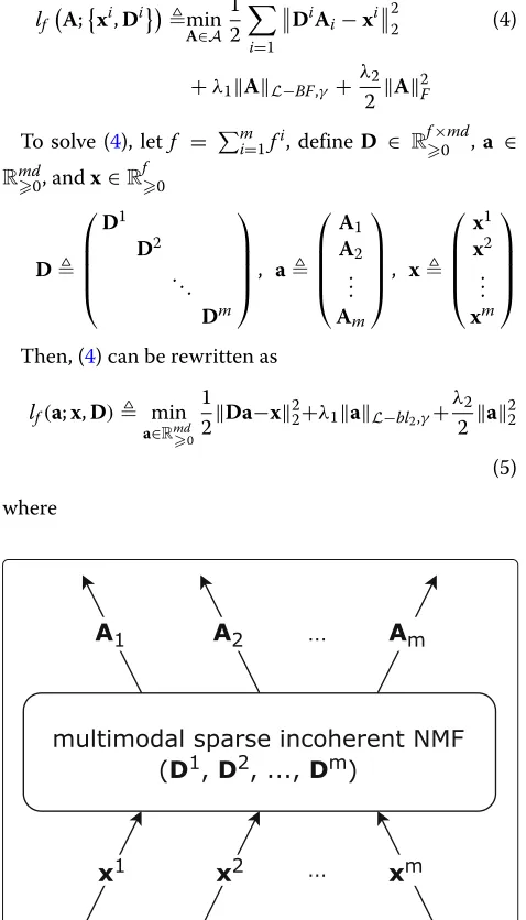 Fig. 4 Structure of MSI-NMF layer. Legends can be referred to Fig. 1Following Caffe terminology, arrows indicate tensors (Caffe blobs),and dictionaries (Di, i = Nm) are treated as layer parameters