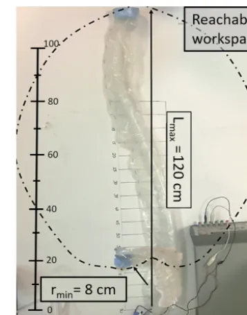 Figure 10. Reachable workspace, maximum reach and minimumradius of curvature of the robot