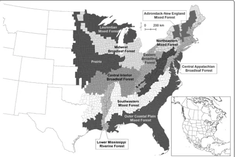Fig. 1 Ecological provinces assigned to counties of the eastern USA. Inset panel displays location of the USA in North America