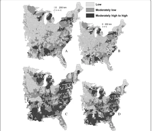 Fig. 2 Deer density classes during 1982 (moderately high-density class is > 11.6 deer/kma original deer density classes, b after majority deer density class assigned to each county and joined tocounties with tree stocking information) and 1996 (c original 