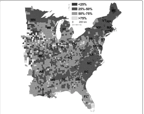 Fig. 3 Percent of forestland in each county that was understocked (< 60% stocked)