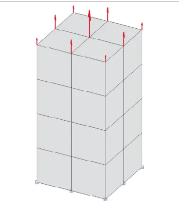 Figure 3 Bar: deformed configuration with applied forces (red) and boundary conditions (blue).