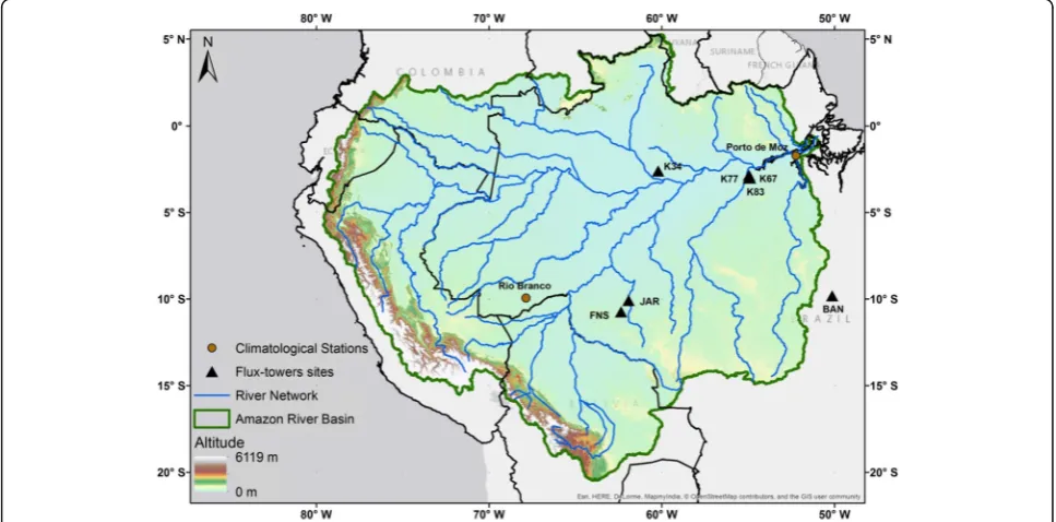Fig. 1 Location of the Amazon River Basin. The altitude is taken from the USGS Digital Elevation Model (USGS, 2004)