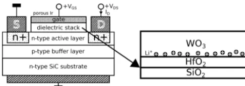 Figure 1. Schematic of the used FET structure adapted from An-dersson et al. (2013) highlighting the dielectric stack and the polar-ization effect with a positive VGS