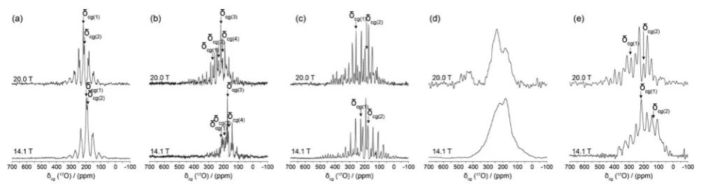 Fig. 717(e) CsHD systems. The centre-of-gravity shift (O DOR NMR data (νr(inner) = 1.2–1.8 kHz, νr(outer) = 5.8–8.8 kHz, ν0 = 81.33 and 115.25 MHz) measured from the (a) BZA, (b) LiHD, (c) KHD, (d) RbHD andδcg) for each resonance is indicated in all spectra.