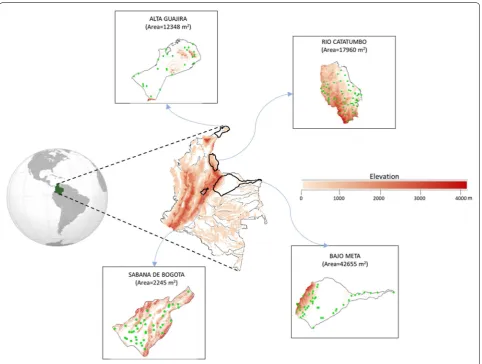 Fig. 1 Location of Colombia and the studied regions
