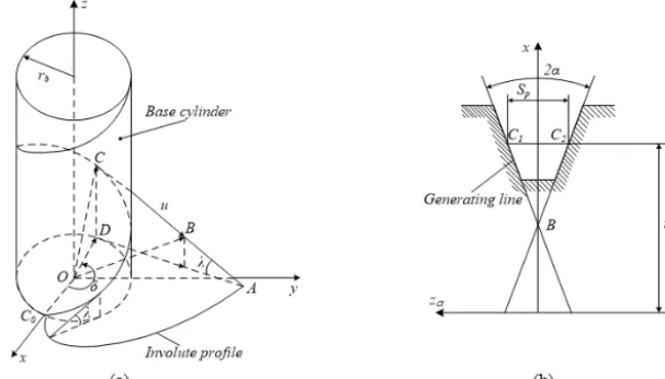 Figure 3. Principal curves of worm. (a) Screw involute surface of ZI worm. (b) Geometry of straight-lined blade.