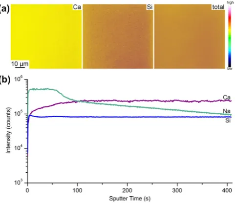 Fig. 4. (a) TOF-SIMS imaging of calcium and silicon distributions and (b) SIMSconcentration depth proﬁles of Na, Ca and Si distributions (410 scans over a100 � 100 lm area) for a hybrid of 40 wt.% made with 120 kDa cCaPGA.