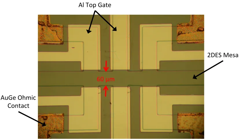 Figure 1.6: A lithographically patterned 2DES device. The image is ﬁltered to en-hance color contrast.