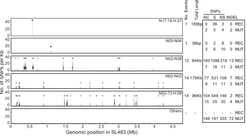 Figure 3. Recombinant regions according to ClonalFrame. Left: Recombinant segments in five genealogical nodes are indicated as horizontalblack lines spanning regions with high SNP density