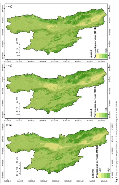Fig. 6 Map showing spatio-temporal change on flow of provisioning services in Inle Lake
