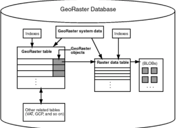 Figure 1. GeoRaster objects in an Oracle database (Oracle, 2004; 