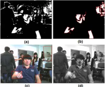 Fig. 1. Processing of the first frame, (a): skin colour binary image; (b) : result of denoising; (c) : initial ROIs; (d): SURF key points within initial ROIs
