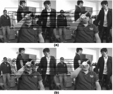 Fig. 2. Pruning process. (a): matched key point pairs from one of the ROIs, between previous frame (left) and current frame (right)