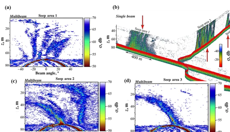 Figure 9. (a) Depth (z) evolution of the bubble plume size distribution (�) for a nitrogen minor plume (calibration) from 40 m and (d) for aCH4 seep plume from 70 m