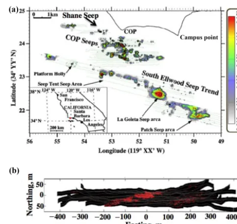 Figure 1. (a) Coal Oil Point (COP) seep ﬁeld map showing theShane Seep area of the scoping study