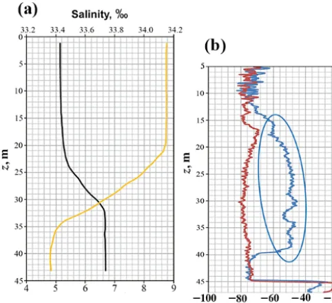 Figure 5. (a) Minor bubble plume size distribution (spect to the equivalent spherical radius (ble model.�) with re-r) used to initialize the bub- (b) Measured temperature (T )-depth (z) proﬁle used inmodel.