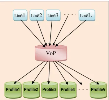 Figure 8 illustrates the method of indirect attachment of profiles to DSL lines, where there are V  profile pools and one VoPs pool and each one of the L lines directly points to an instance of  VoP