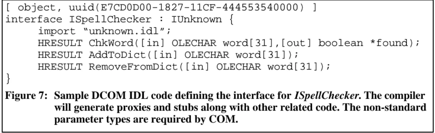 Figure 7: Sample DCOM IDL code defining the interface for ISpellChecker. The compiler will generate proxies and stubs along with other related code