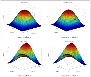 Figure 6 Exact and numerical solutions of the 2D Navier Stokes’ model equations in Cartesiancoordinates.