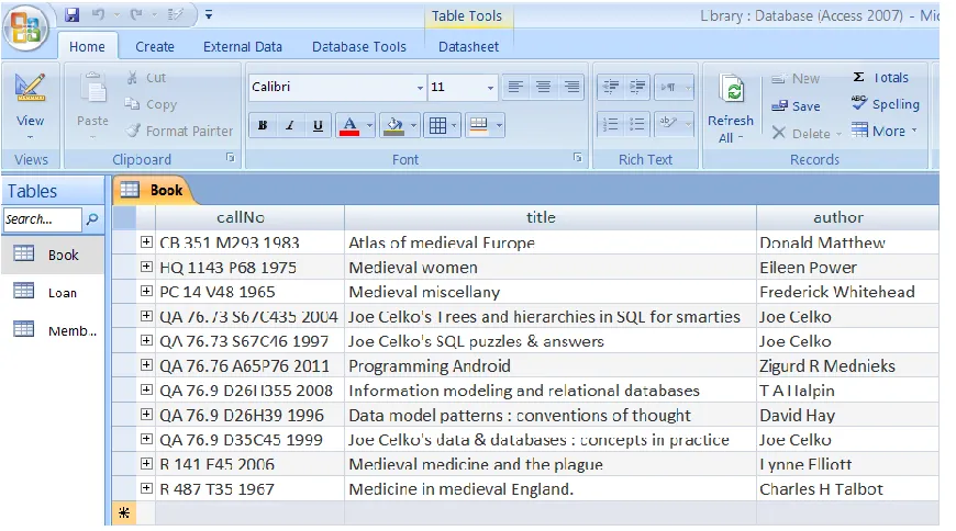 Figure 1.6  Datasheet View of a table. 
