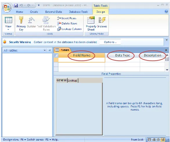 table. You are presented with a form where you can enter field definitions for a table