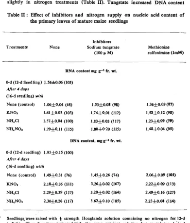 Table II:  Effect of inhibitors and nitrogen supply on nucleic acid content of the primary leaves of mature maize seedlings 