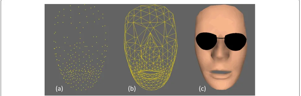 Figure 8 Rendering examples of the face. (a) the 3D vertexes, (b) the triangulated mesh, and (c) smoothed mesh: the final result