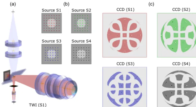 Figure 4. Examples from the tilted-wave interferometer (TWI) simulation. (a) Ray paths through the instrument