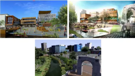 Figure 1. Contrasting images of the riverfront. Top left: an image from The Terrace website (2014)