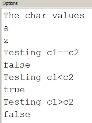 Figure 2.3: Results of comparing char values