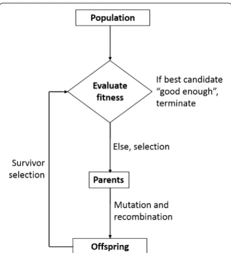 Fig. 1 A flow chart of a generic evolutionary computation algorithm, in which a population of candidate solutions is initialized, a set of offspring candidates produced, and a new set of potential solutions is chosen for the next generation based on fitness