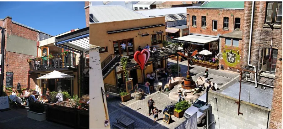 Figure 1.5 Twisted Hop bar and central square (right) and Mitchelli’s café (left) pre-earthquakes (Source: http://thetwistedhopbrewery.co.nz/assets/Uploads/Poplar-Lane-0663DxOraw2.jpg and Mr Sloth Flickr 2009) 
