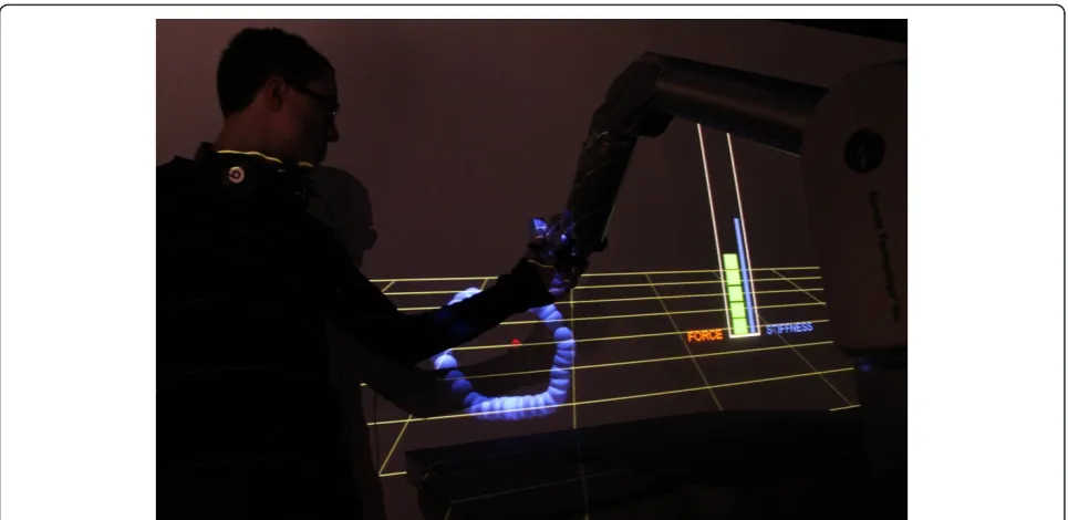 Figure 4 A shot of the performer while controlling a music parameter with the robot. On the right side of the screen, a bar displayscurrent force feedback and stiffness parameter of the robot.