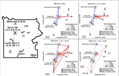 Fig. 1 Left map of sample sites (YNP1-2 and BP1-5) within YNP and approximate distance and direction of GBS sites and right number of long, high %id scaffolds shared between pairs of sites