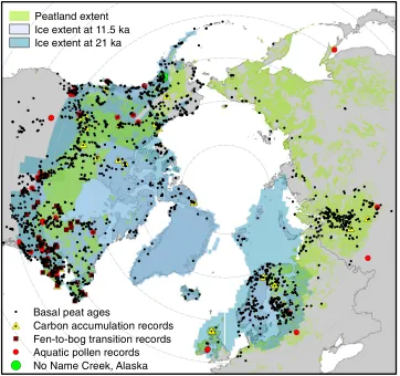 Figure 1.Circum-Arctic peatland distribution and site locations. Peatland-dominant regions (green)were based on Yu et al
