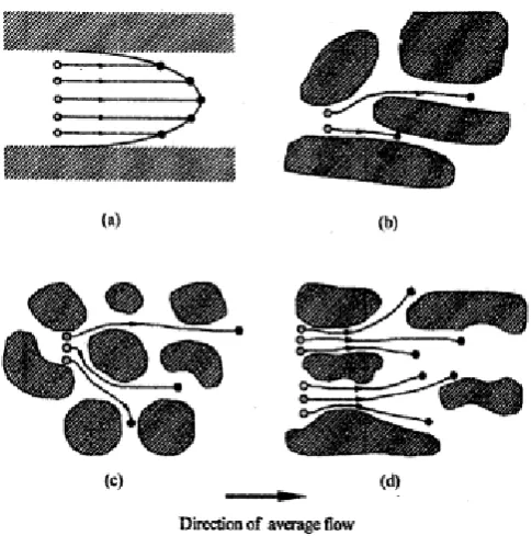 Figure 1 Schematic concepts contributing to mechanical dispersion; a) pore wall frictional drag, b) pore size effect on mean solute velocity, c) pore tortuosity, d) solute convergence/divergence (Leij & Van Genuchten, 2001)