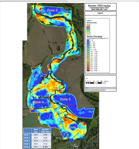 Fig. 1 Radiometric map combining the concentration data [the last seven intervals—yellow to red—correspond to 2000–6000 ng/kg TEQ] in their areal distribution in Spittelwasser creek bank sediments or fluvisols (Tauw Soil Newsletter from July 2014 [20]) and