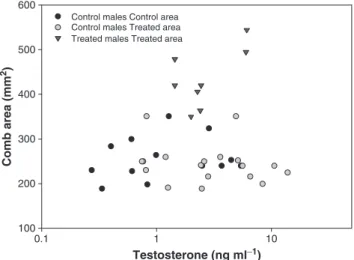Fig. 3. Relationship between comb size and testosterone levels (ng ml −1 ). Different treatments are presented with different symbols