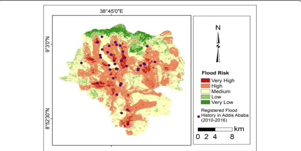 Fig. 4 Flood risk map overlaid by frequency of flood Hazard records in Addis Ababa (Source:Data from Addis Ababa Fire and Emergency Service,compiled and constructed by authors)