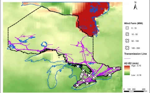 Figure 6 and Figure 7 also shows the major wind farmsin Ontario, it could be inferred that most of the turbineswould still be in the suitable zone where the averagewind speed exceeds 6 m/s
