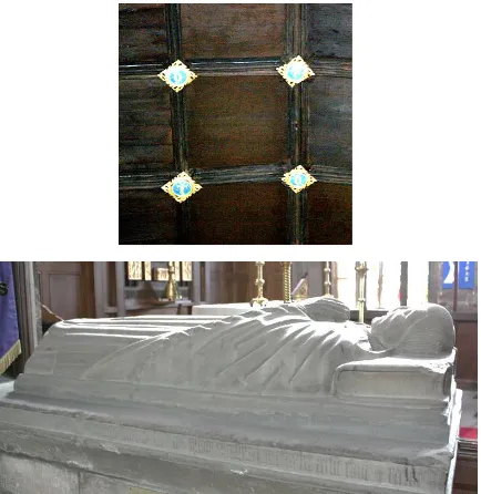 Figure 6 – Effigy of Henry Trafford in Wilmslow parish church and roof bosses bearing his initials